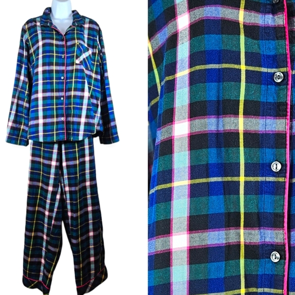 Victoria's Secret Other - Victoria's Secret green purple blue pink plaid flannel pajamas Womens Large